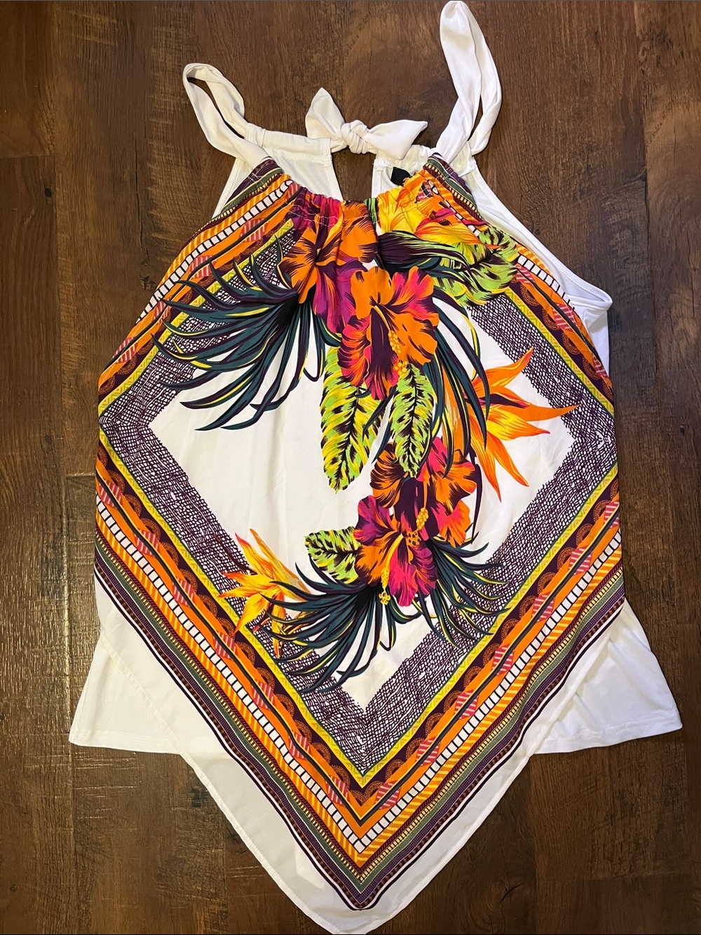 Women’s White Halter Floral Scarf-Front Tank Top - Vibrant Tropical Print